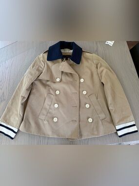 JCrew Double-Breasted Tan Jacket with Navy Collar